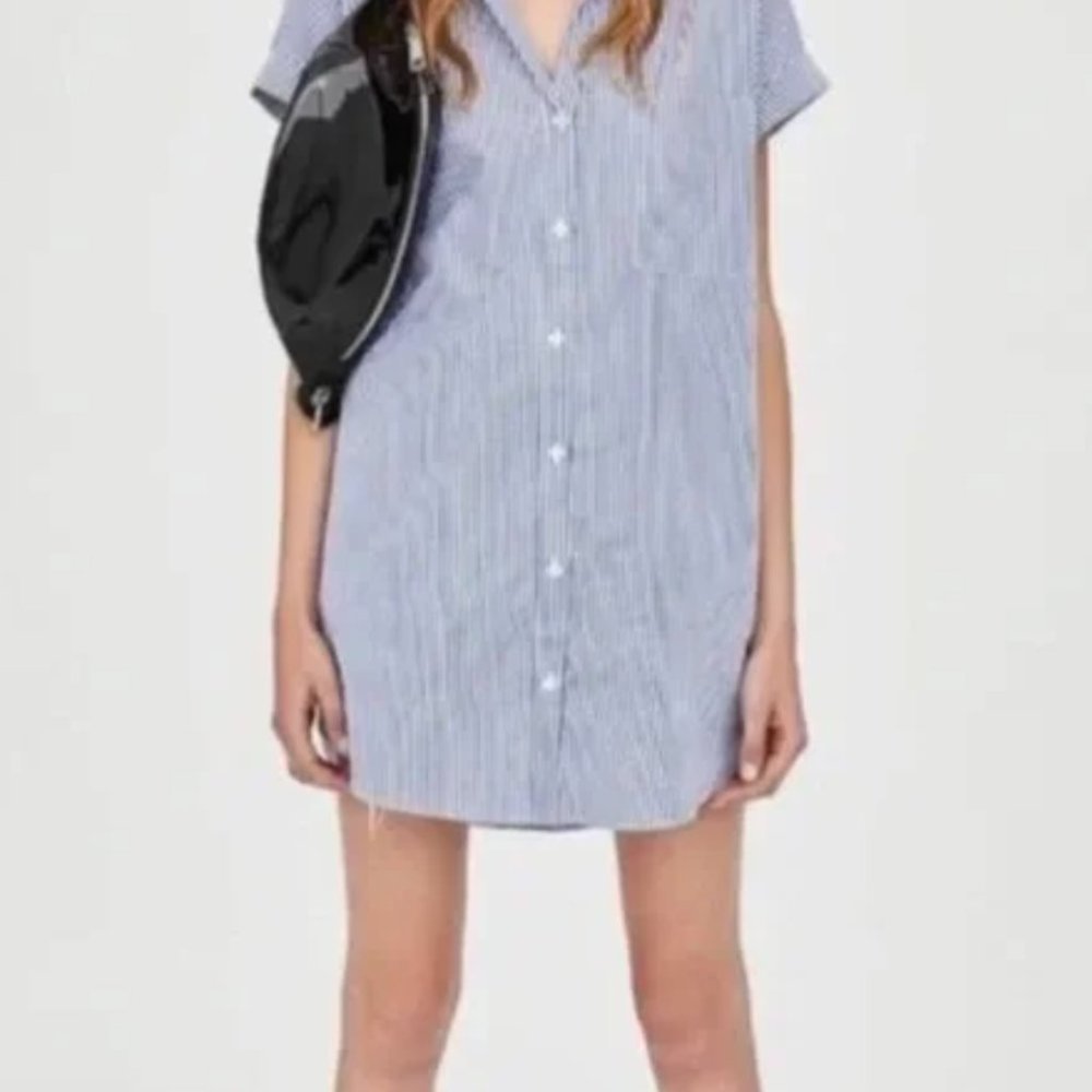Zara TRF Collection Oversized Light Blue Striped Mini Shirt Dress | Size S